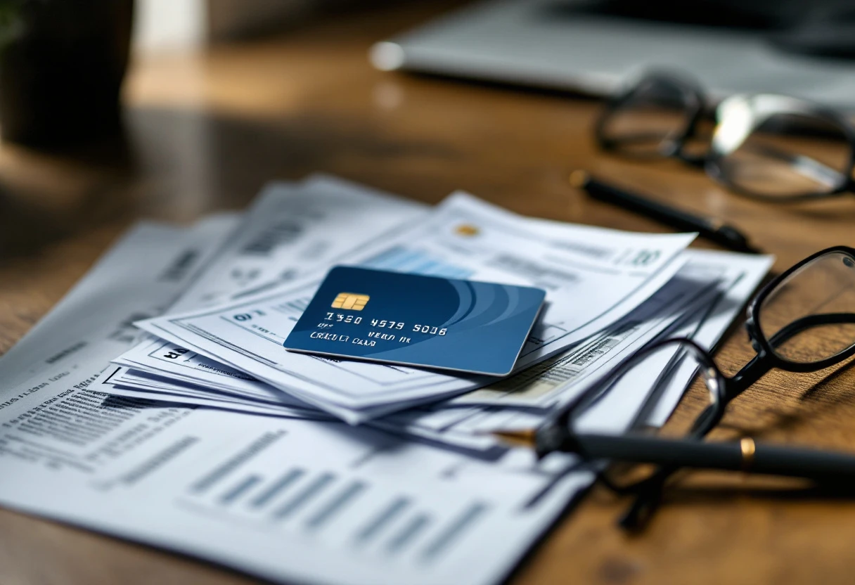 A credit card resting on a stack of bills and bank statements with a pen and reading glasses next to it.