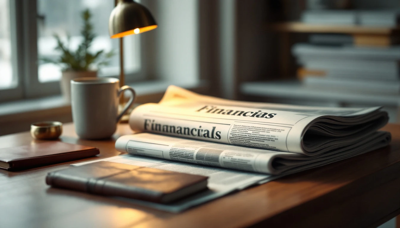 A finance desk with the financial section of a newspaper, a leather notebook, a ceramic mug, and a brass desk lamp.